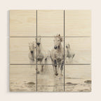 Camargue White Horses Running in Water - Nature Photography Wood Wall Art Gallery Image 1