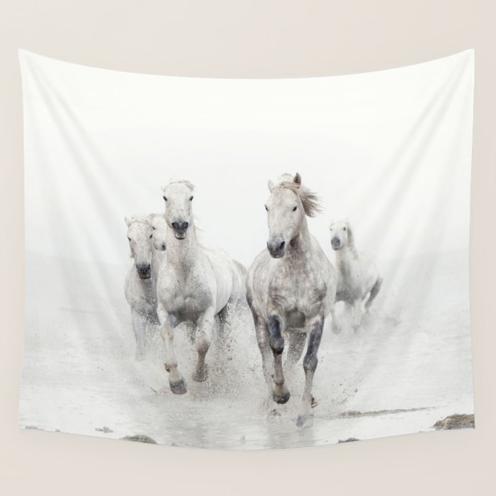 Camargue White Horses Running in Water - Nature Photography Wall Tapestry Gallery Image 4