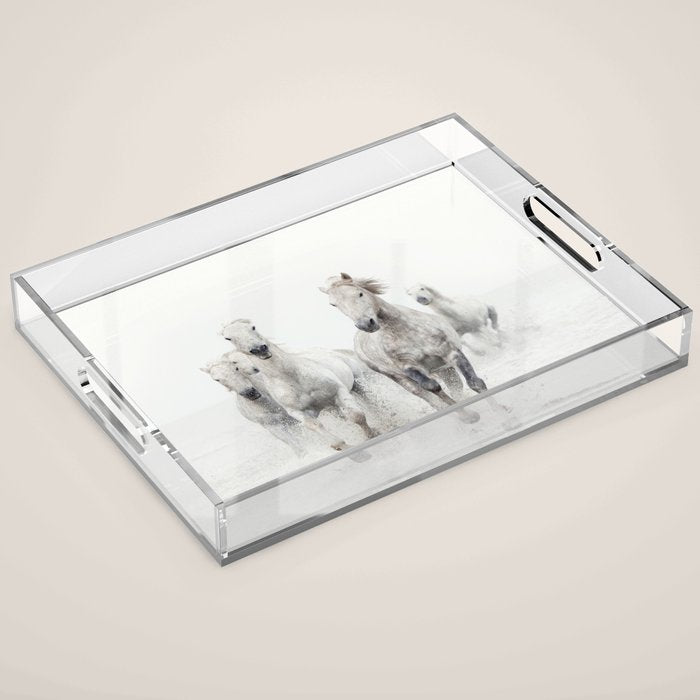 Camargue White Horses Running in Water - Nature Photography Acrylic Tray Gallery Image 1