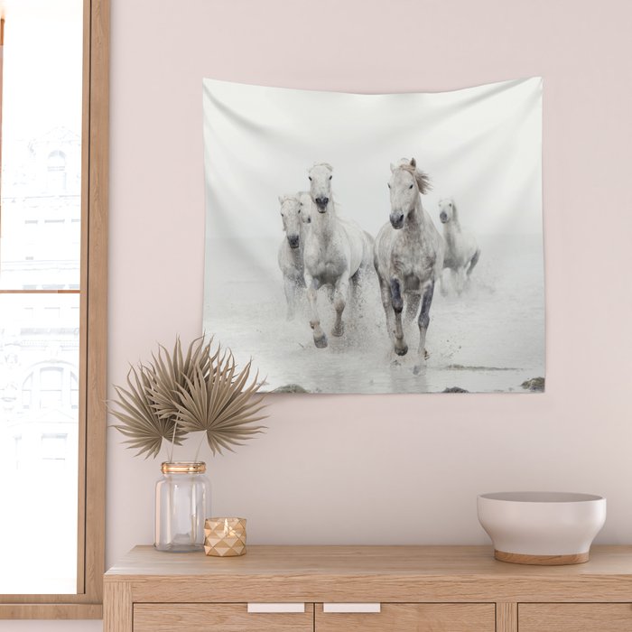 Camargue White Horses Running in Water - Nature Photography Wall Tapestry Gallery Image 2