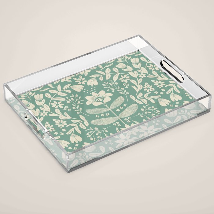 Green blossom floral botanical pattern Acrylic Tray Gallery Image 1
