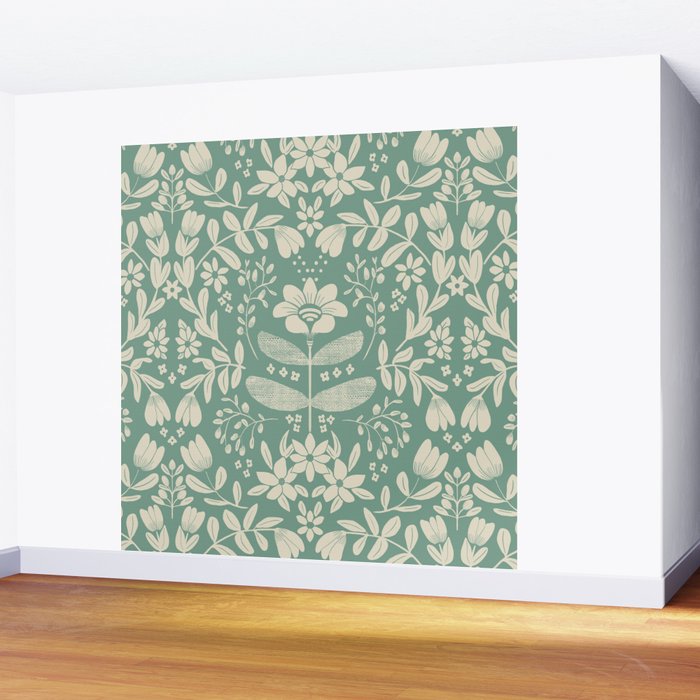 Green blossom floral botanical pattern Wall Mural Gallery Image 2