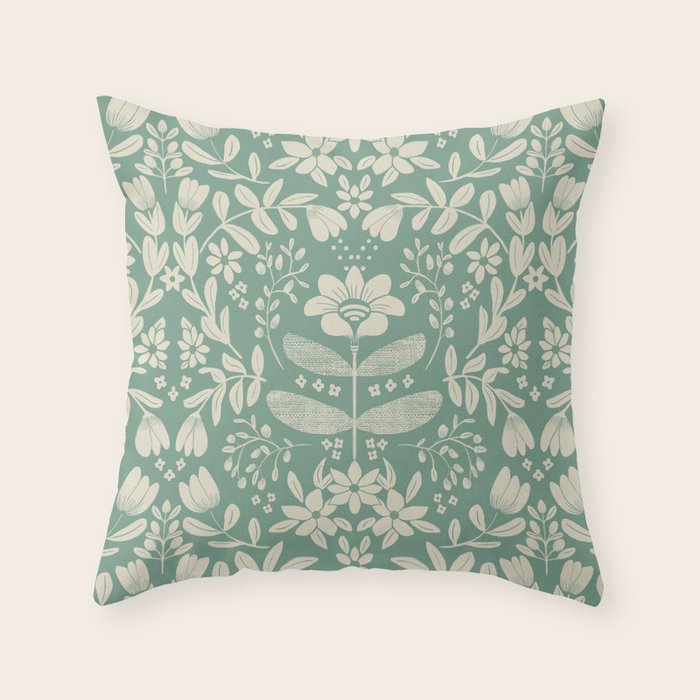Green blossom floral botanical pattern Throw Pillow Gallery Image 1