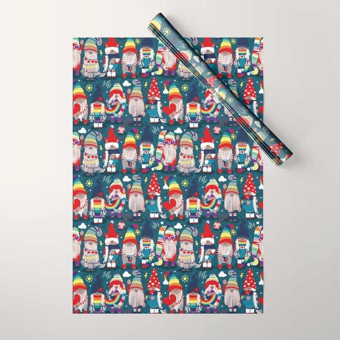 I gnome you // dark teal background little happy and lovely gnomes with rainbows vivid red hearts Wrapping Paper Gallery Image 1