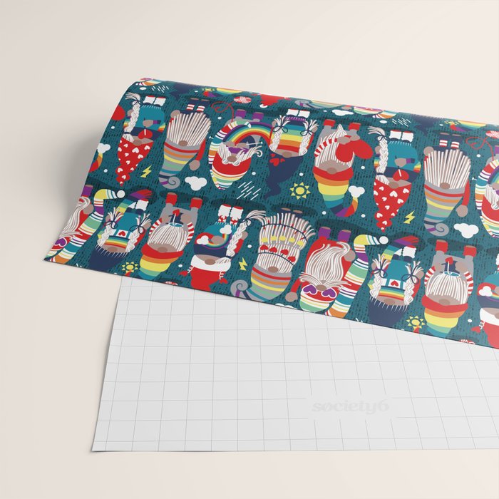 I gnome you // dark teal background little happy and lovely gnomes with rainbows vivid red hearts Wrapping Paper Gallery Image 2