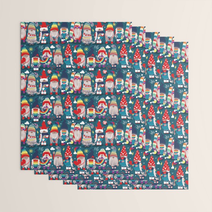 I gnome you // dark teal background little happy and lovely gnomes with rainbows vivid red hearts Wrapping Paper Gallery Image 3