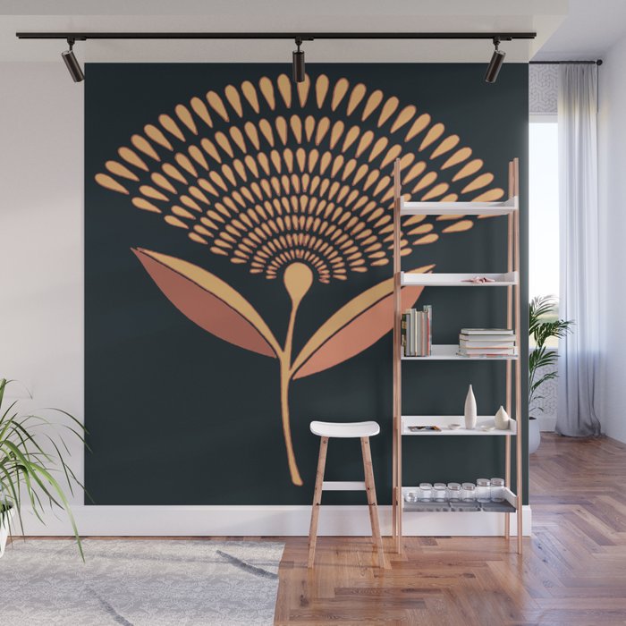 Mid Century Modern Dandelion Seed Head In Coral and Pink Wall Mural Gallery Image 1