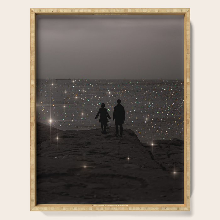 WAITING | couple | sea | collage | sparkle | glitter | black and white | shiny | bling | love  Serving Tray Gallery Image 1