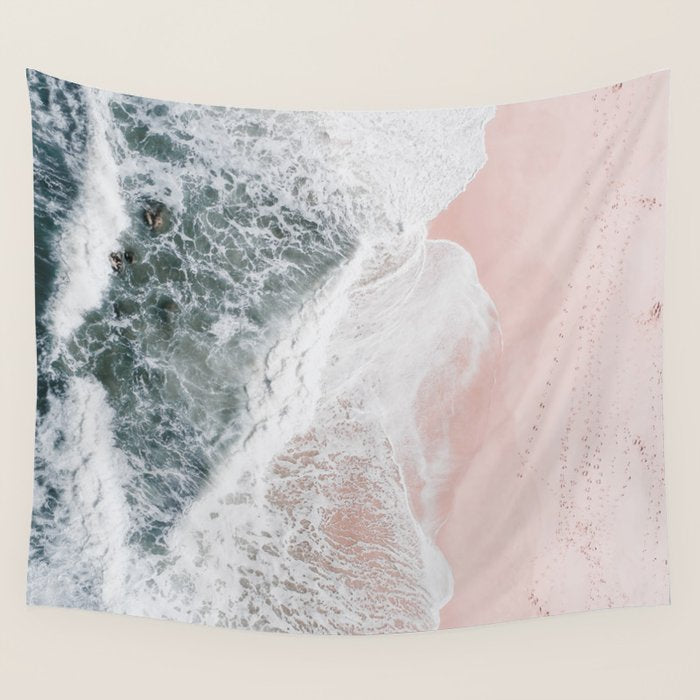 Crashing Waves Ocean Print - Aerial Beach - Pink Sand - Sea Travel photography by Ingrid Beddoes Wall Tapestry Gallery Image 4