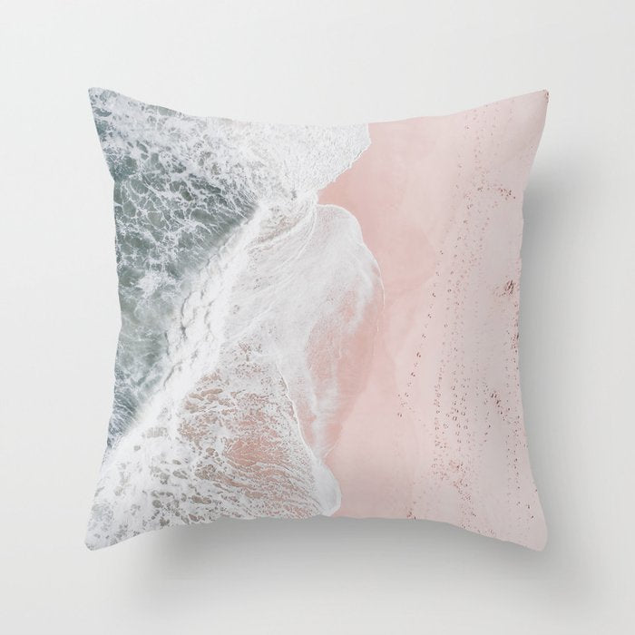 Crashing Waves Ocean Print - Aerial Beach - Pink Sand - Sea Travel photography by Ingrid Beddoes Throw Pillow Gallery Image 1