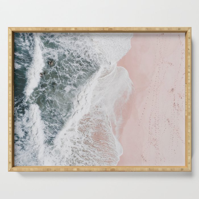 Crashing Waves Ocean Print - Aerial Beach - Pink Sand - Sea Travel photography by Ingrid Beddoes Serving Tray Gallery Image 1