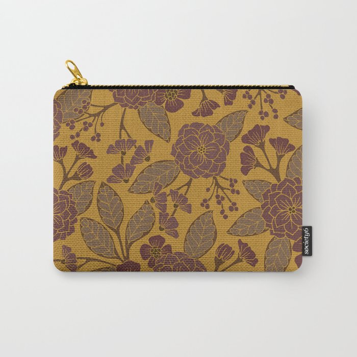 Mustard Yellow, Brown, Raisin, Taupe & Mauve Floral Pattern Carry All Pouch Gallery Image 1