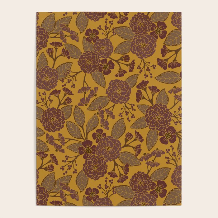 Mustard Yellow, Brown, Raisin, Taupe & Mauve Floral Pattern Poster Gallery Image 4