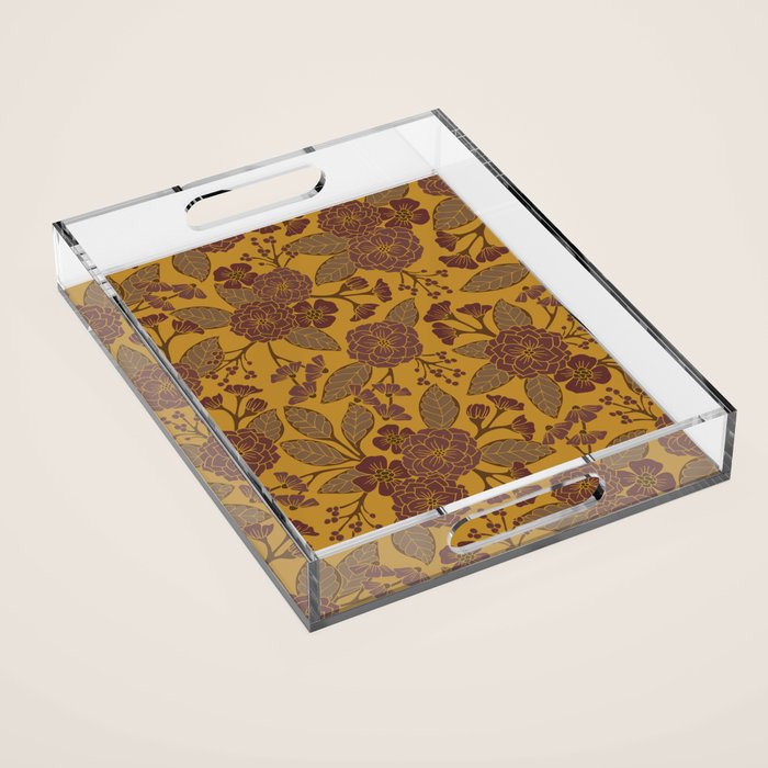 Mustard Yellow, Brown, Raisin, Taupe & Mauve Floral Pattern Acrylic Tray Gallery Image 1