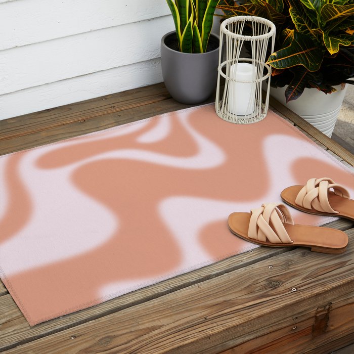 Dreamy Retro Liquid Swirl Contemporary Abstract 2 in Pastel Pink and Buff Apricot Outdoor Rug Gallery Image 2