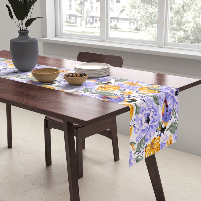 Colorful birds in garden flowers YL Table Runner Gallery Image 2