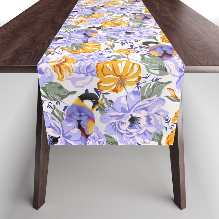 Colorful birds in garden flowers YL Table Runner Gallery Image 1