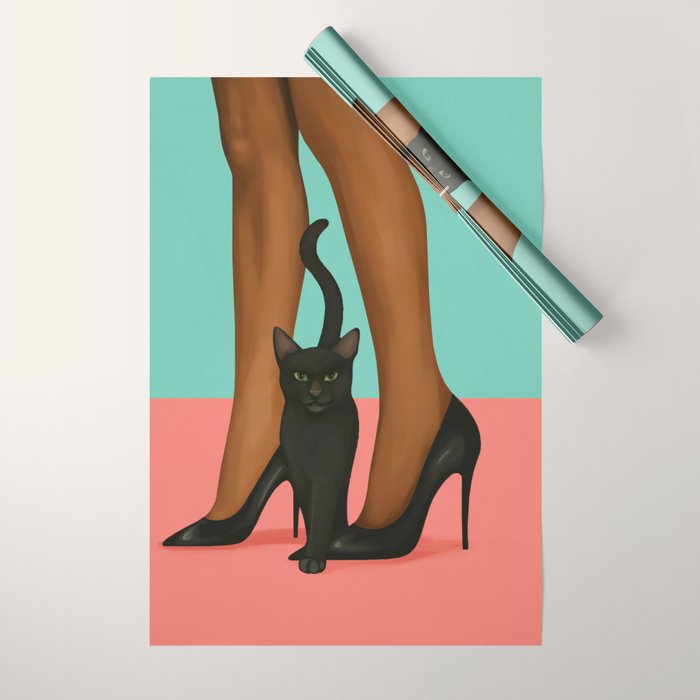 Woman in Heels with Black Cat Wrapping Paper Gallery Image 1