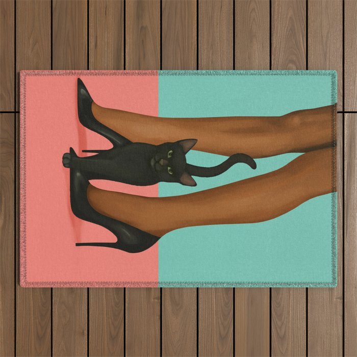 Woman in Heels with Black Cat Outdoor Rug Gallery Image 1