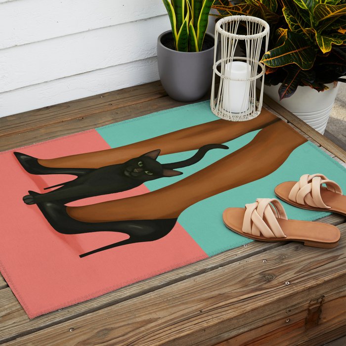 Woman in Heels with Black Cat Outdoor Rug Gallery Image 2