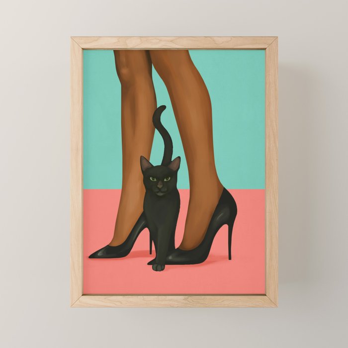 Woman in Heels with Black Cat Mini Art Print Gallery Image 1