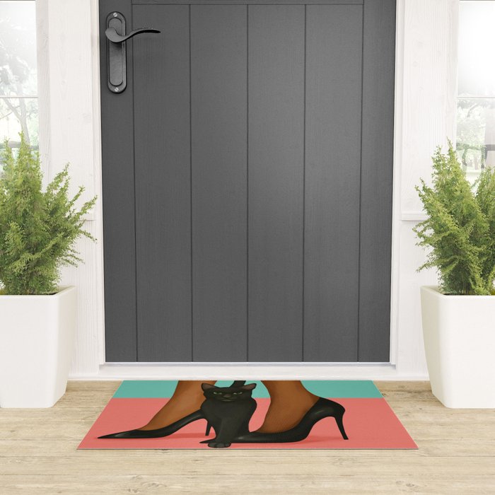 Woman in Heels with Black Cat Welcome Mat Gallery Image 3
