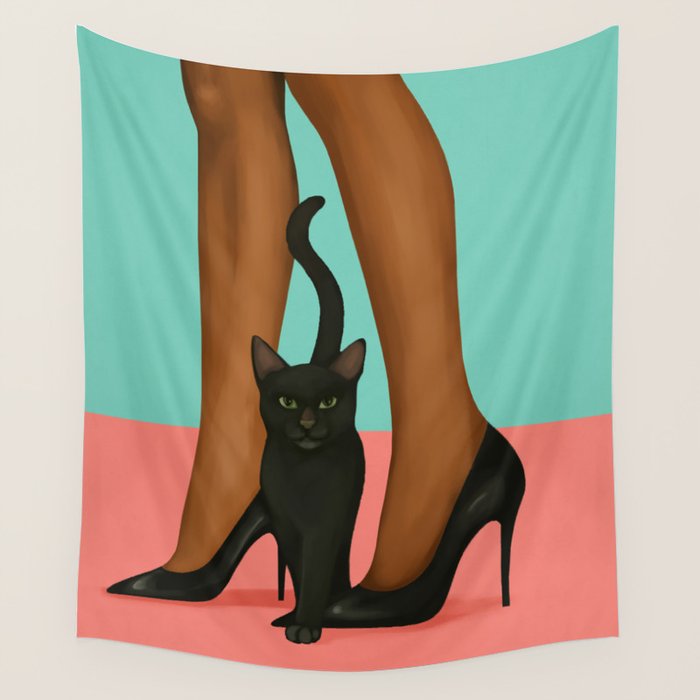 Woman in Heels with Black Cat Wall Tapestry Gallery Image 4