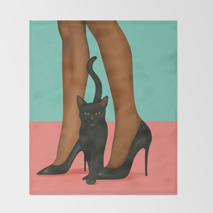 Woman in Heels with Black Cat Throw Blanket Gallery Image 2