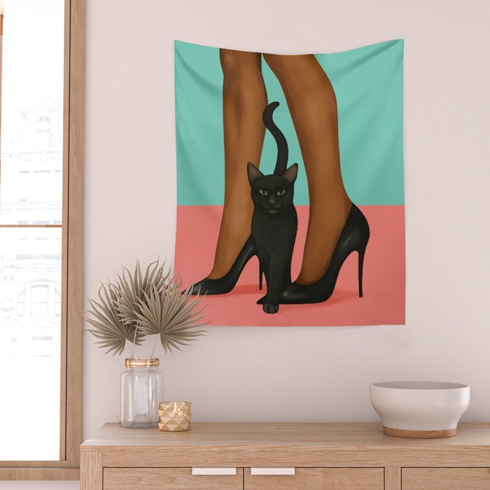 Woman in Heels with Black Cat Wall Tapestry Gallery Image 2