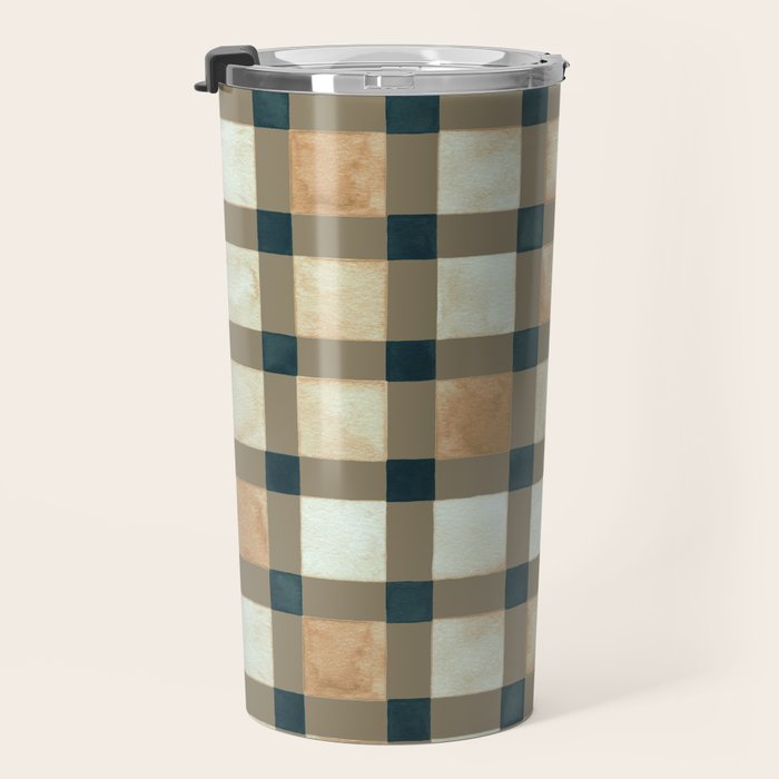 Cozy heirloom Rustic plaid Geometric Gold Navy Travel Mug Gallery Image 3