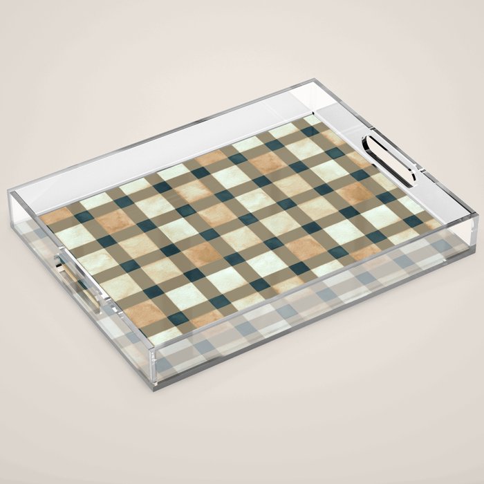 Cozy heirloom Rustic plaid Geometric Gold Navy Acrylic Tray Gallery Image 1