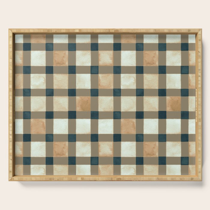 Cozy heirloom Rustic plaid Geometric Gold Navy Serving Tray Gallery Image 1