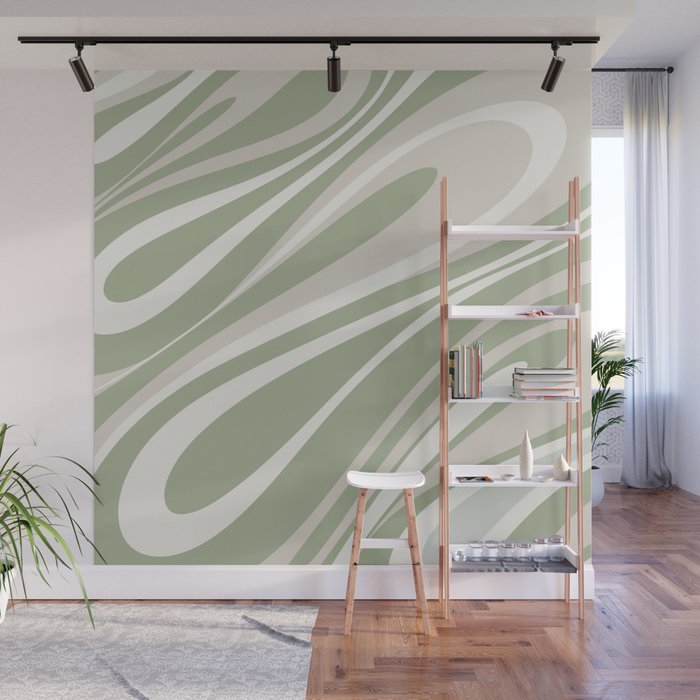 Fluid Vibes Retro Aesthetic Swirl Abstract Pattern Sage Green Cream Beige Wall Mural Gallery Image 1