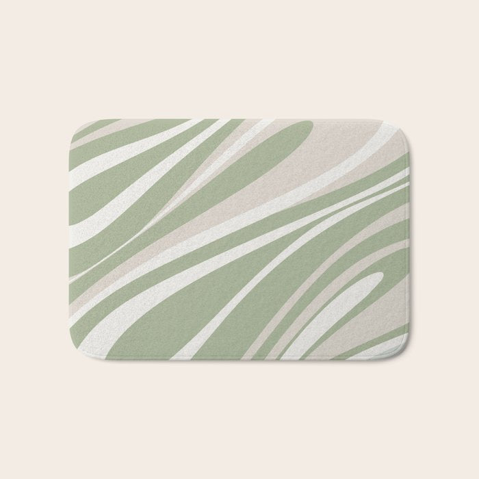 Fluid Vibes Retro Aesthetic Swirl Abstract Pattern Sage Green Cream Beige Bath Mat Gallery Image 1