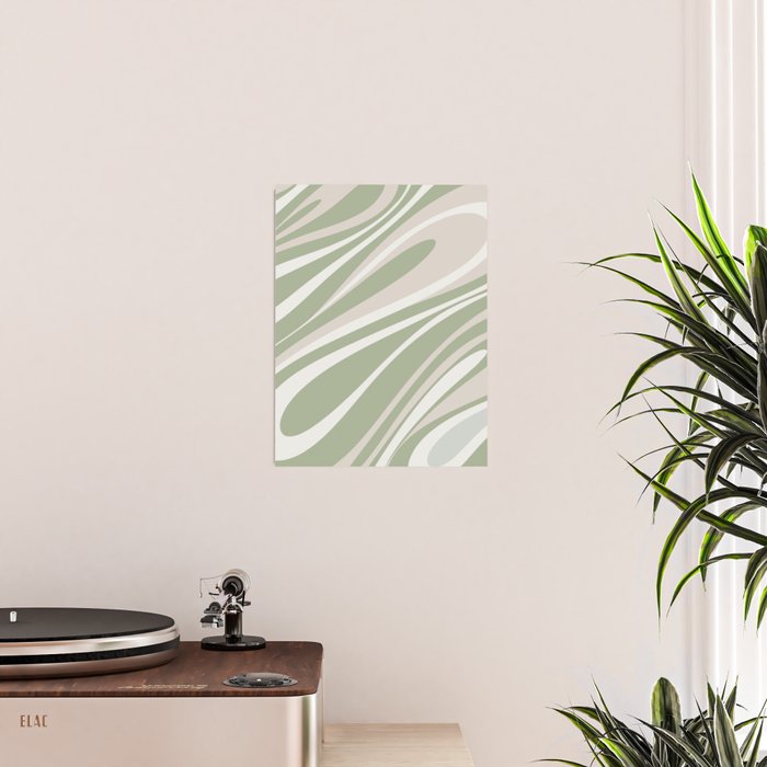 Fluid Vibes Retro Aesthetic Swirl Abstract Pattern Sage Green Cream Beige Poster Gallery Image 2