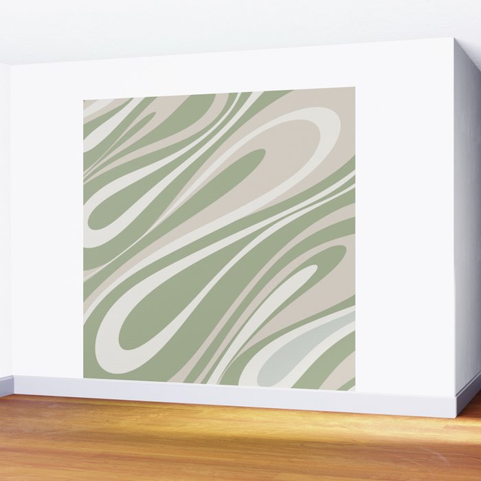 Fluid Vibes Retro Aesthetic Swirl Abstract Pattern Sage Green Cream Beige Wall Mural Gallery Image 2