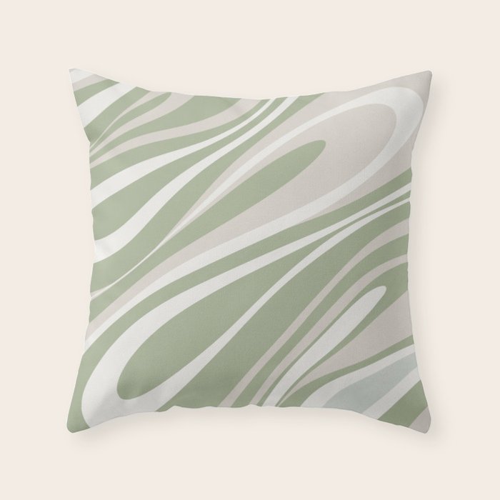 Fluid Vibes Retro Aesthetic Swirl Abstract Pattern Sage Green Cream Beige Throw Pillow Gallery Image 1