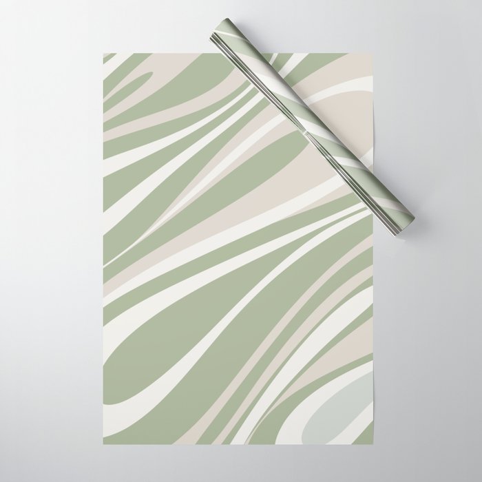 Fluid Vibes Retro Aesthetic Swirl Abstract Pattern Sage Green Cream Beige Wrapping Paper Gallery Image 1