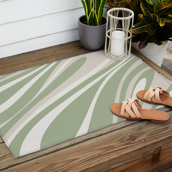Fluid Vibes Retro Aesthetic Swirl Abstract Pattern Sage Green Cream Beige Outdoor Rug Gallery Image 2