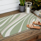 Fluid Vibes Retro Aesthetic Swirl Abstract Pattern Sage Green Cream Beige Outdoor Rug Gallery Image 2