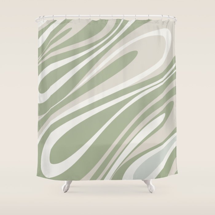 Fluid Vibes Retro Aesthetic Swirl Abstract Pattern Sage Green Cream Beige Shower Curtain Gallery Image 1