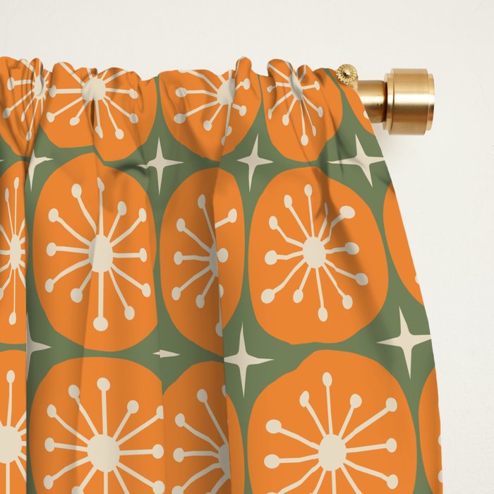 Mid Century Modern Atomic Dots and Stars Retro Pattern in Mossy Sage Olive Green Orange Beige Small Window Curtain Gallery Image 2