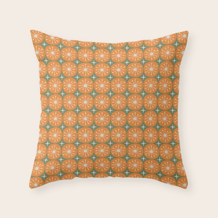 Mid Century Modern Atomic Dots and Stars Retro Pattern in Mossy Sage Olive Green Orange Beige Small Throw Pillow Gallery Image 1