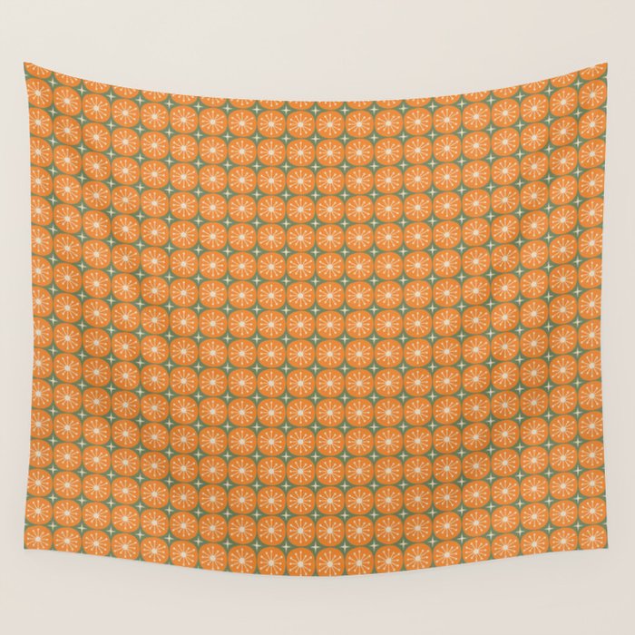 Mid Century Modern Atomic Dots and Stars Retro Pattern in Mossy Sage Olive Green Orange Beige Small Wall Tapestry Gallery Image 1