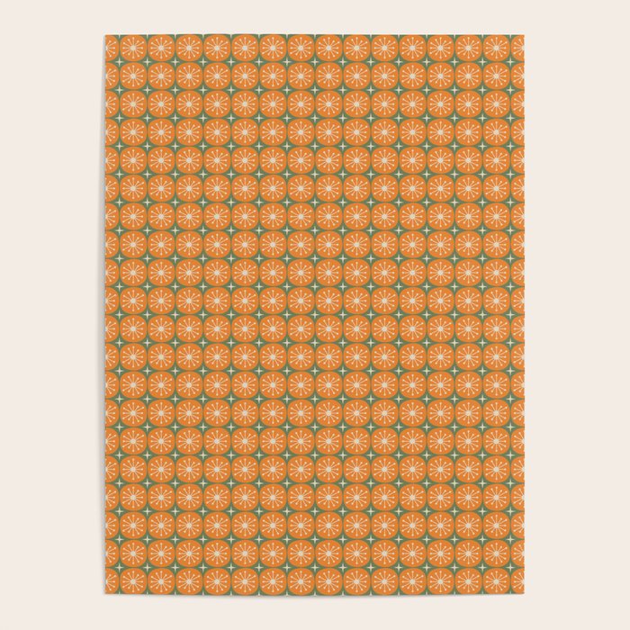 Mid Century Modern Atomic Dots and Stars Retro Pattern in Mossy Sage Olive Green Orange Beige Small Poster Gallery Image 4