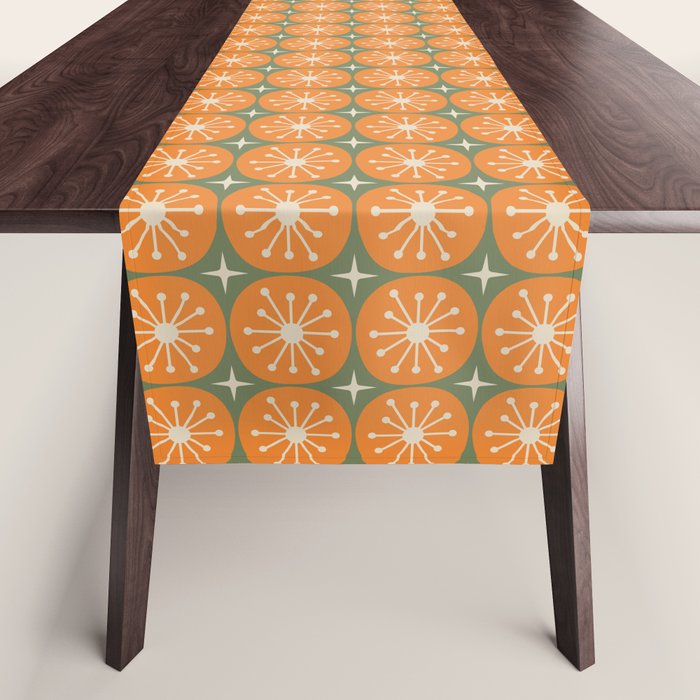 Mid Century Modern Atomic Dots and Stars Retro Pattern in Mossy Sage Olive Green Orange Beige Small Table Runner Gallery Image 1