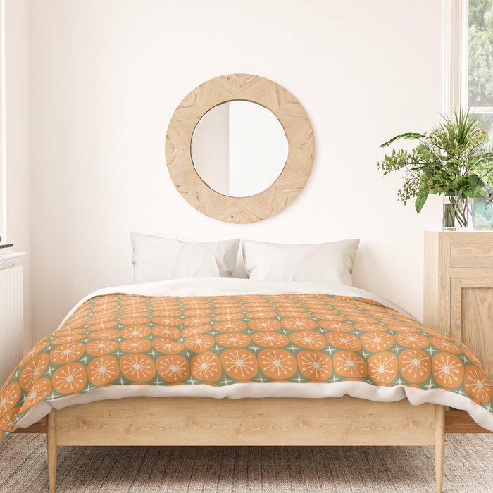 Mid Century Modern Atomic Dots and Stars Retro Pattern in Mossy Sage Olive Green Orange Beige Small Duvet Cover Gallery Image 3