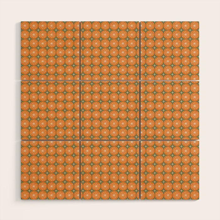 Mid Century Modern Atomic Dots and Stars Retro Pattern in Mossy Sage Olive Green Orange Beige Small Wood Wall Art Gallery Image 1