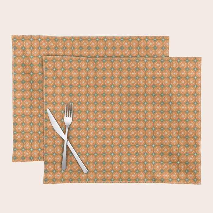 Mid Century Modern Atomic Dots and Stars Retro Pattern in Mossy Sage Olive Green Orange Beige Small Placemat Gallery Image 1