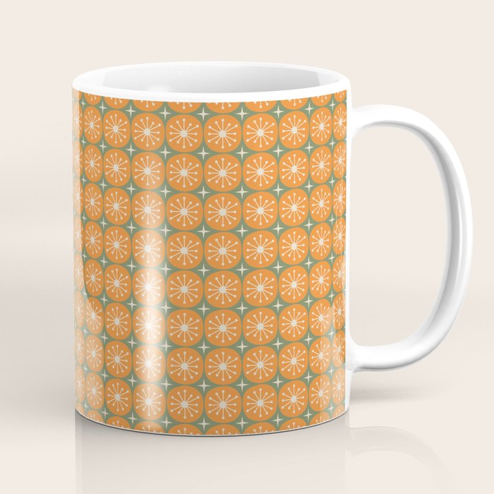 Mid Century Modern Atomic Dots and Stars Retro Pattern in Mossy Sage Olive Green Orange Beige Small Coffee Mug Gallery Image 1
